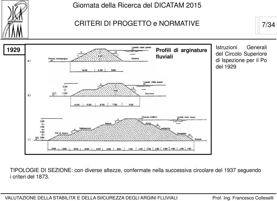 per il Po del 1929 TIPOLOGIE DI SEZIONE: con diverse altezze,