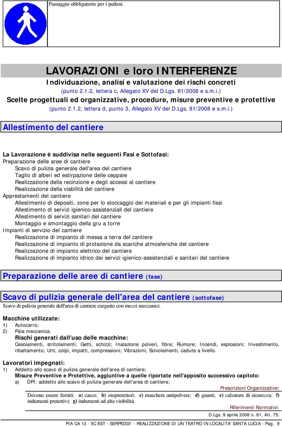 ) Allestimento del cantiere La Lavorazione è suddivisa nelle seguenti Fasi e Sottofasi: Preparazione delle aree di cantiere Scavo di pulizia generale dell'area del cantiere Taglio di alberi ed