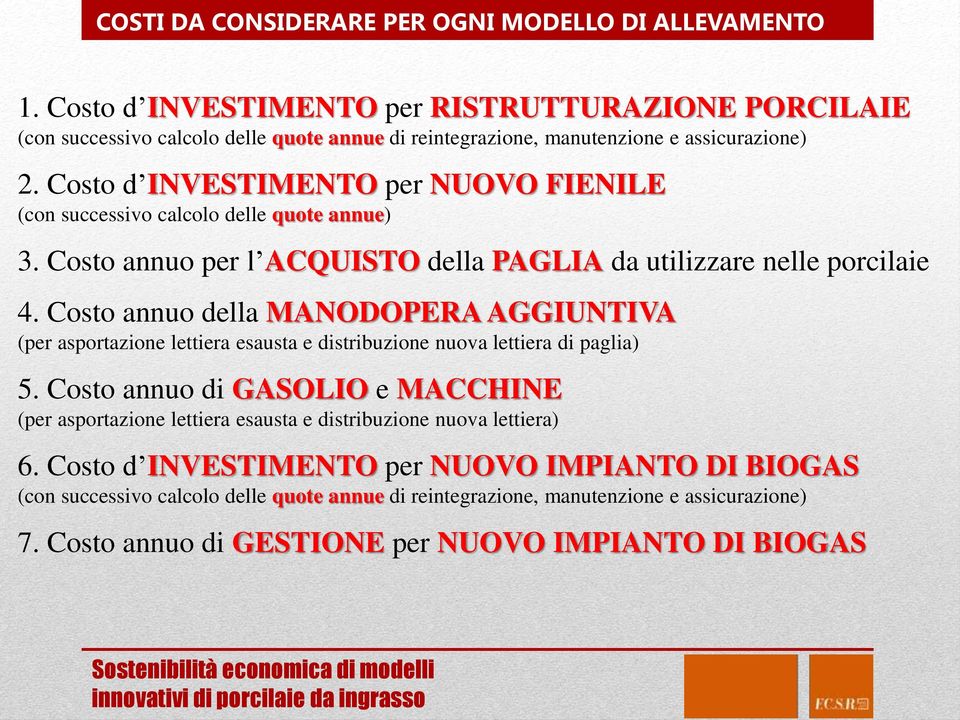 Costo d INVESTIMENTO per NUOVO FIENILE (con successivo calcolo delle quote annue) 3. Costo annuo per l ACQUISTO della PAGLIA da utilizzare nelle porcilaie 4.