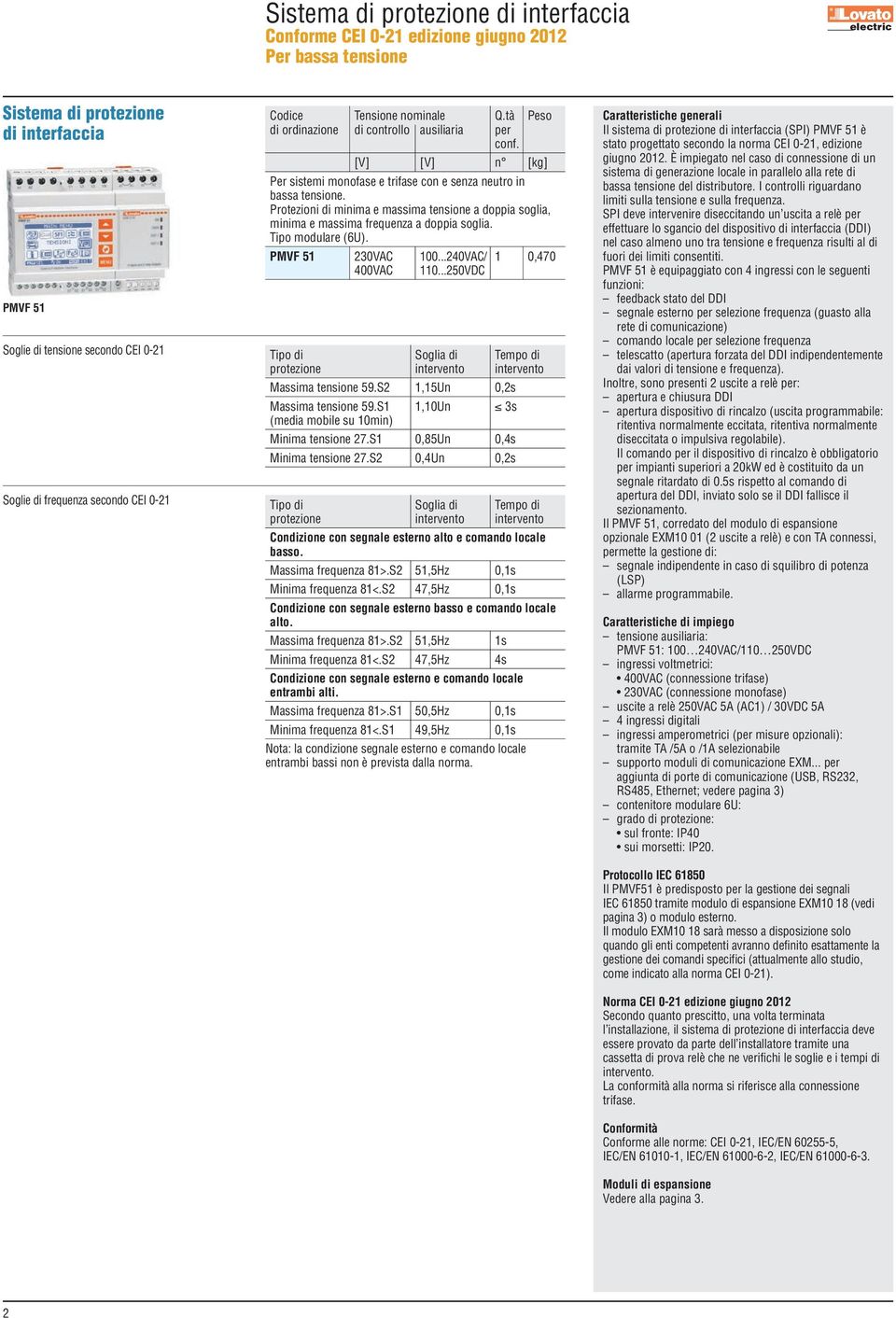 Protezioni di minima e massima tensione a doppia soglia, minima e massima frequenza a doppia soglia. Tipo modulare (6U). 230VAC 100...240VAC/ 1 0,470 400VAC 110.