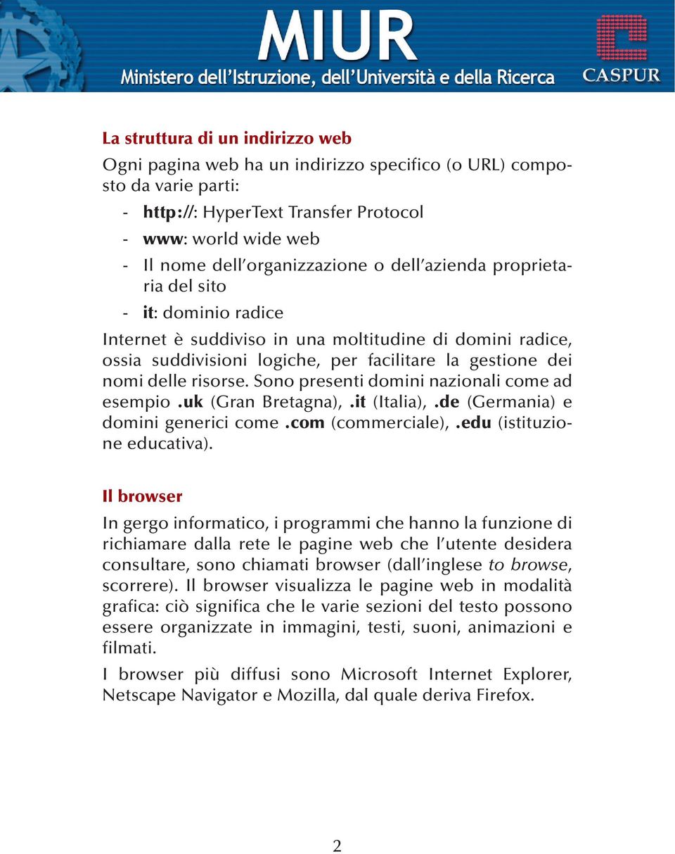 Sono presenti domini nazionali come ad esempio.uk (Gran Bretagna),.it (Italia),.de (Germania) e domini generici come.com (commerciale),.edu (istituzione educativa).