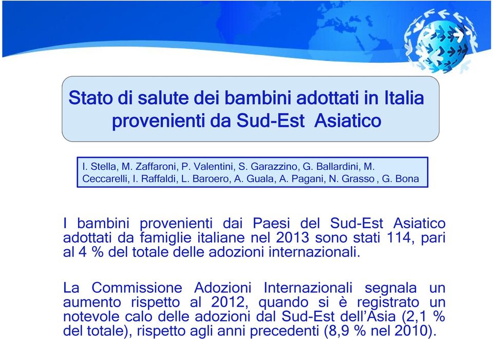 Bona I bambini provenienti dai Paesi del Sud-Est Asiatico adottati da famiglie italiane nel 2013 sono stati 114, pari al 4 % del totale delle adozioni