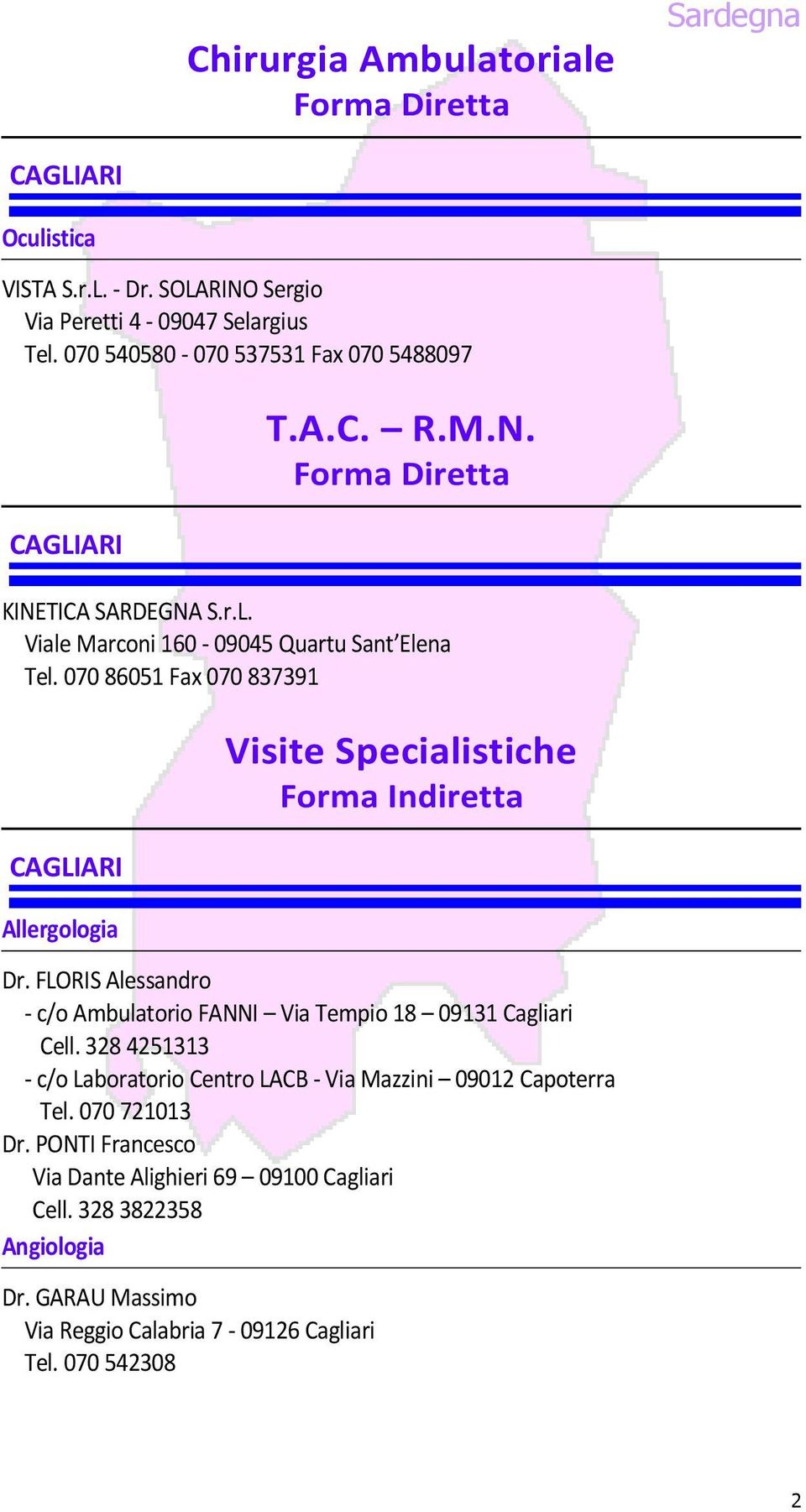 070 86051 Fax 070 837391 CAGLIARI Allergologia Visite Specialistiche Forma Indiretta Dr. FLORIS Alessandro - c/o Ambulatorio FANNI Via Tempio 18 09131 Cagliari Cell.