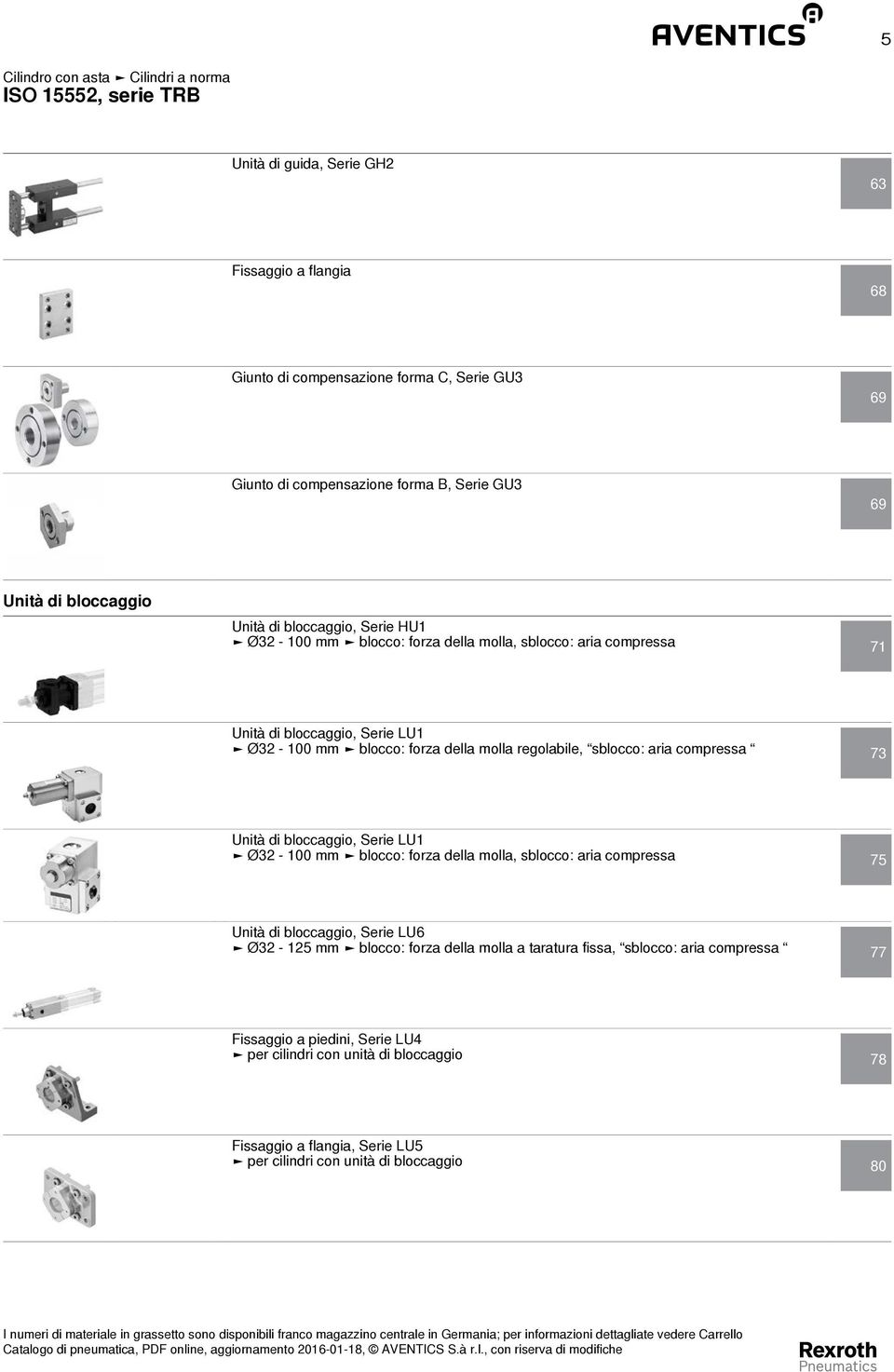 regolabile, sblocco: aria compressa 73 Unità di bloccaggio, Serie LU1 Ø32-100 mm blocco: forza della molla, sblocco: aria compressa 75 Unità di bloccaggio, Serie LU6 Ø32-125 mm blocco: