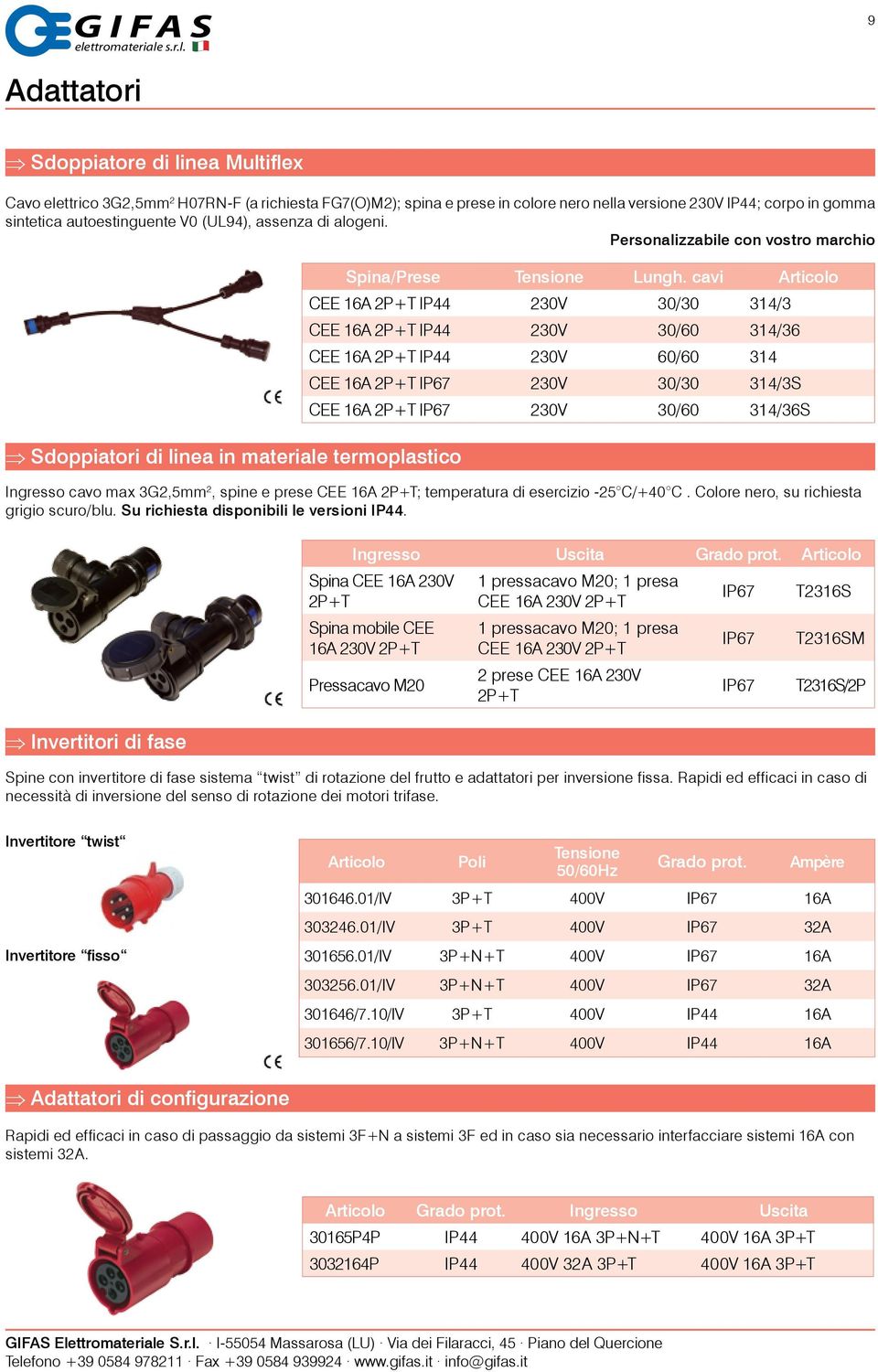 cavi Articolo CEE 16A 2P+T IP44 230V 30/30 314/3 CEE 16A 2P+T IP44 230V 30/60 314/36 CEE 16A 2P+T IP44 230V 60/60 314 CEE 16A 2P+T IP67 230V 30/30 314/3S CEE 16A 2P+T IP67 230V 30/60 314/36S Ingresso