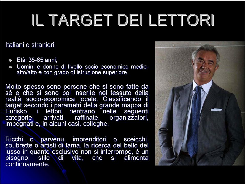 Classificando il target secondo i parametri della grande mappa di Eurisko,, i lettori rientrano nelle seguenti categorie: arrivati, raffinate, organizzatori, impegnati e,