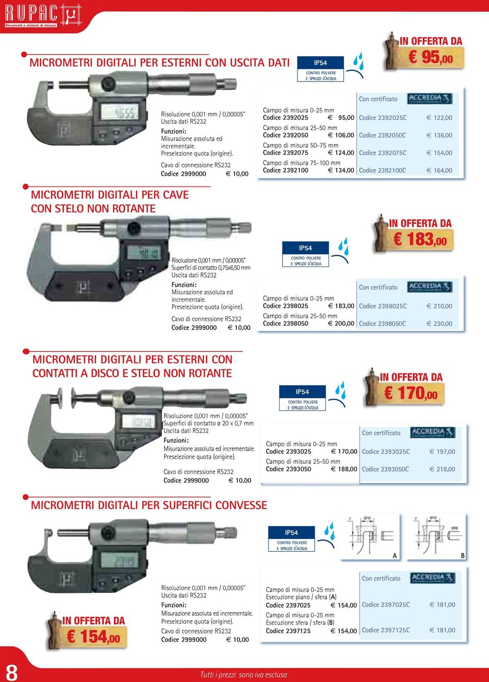 Cavo di connessione RS232 Codice 2999000 10,00 Risoluzione 0,001 mm / 0,00005 Superfici di contatto 0,75x6,50 mm Uscita dati RS232  Cavo di connessione RS232 Codice 2999000 10,00 Campo di misura 0-25