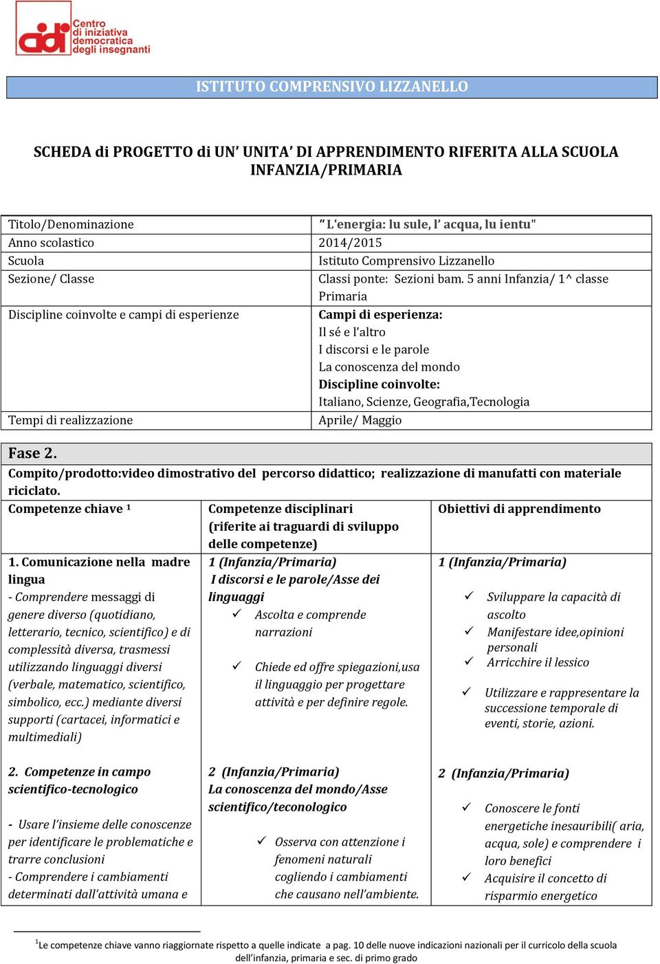 5 anni Infanzia/ 1^ classe Primaria Discipline coinvolte e campi di esperienze Campi di esperienza: Il sé e l altro I discorsi e le parole La conoscenza del mondo Discipline coinvolte: Italiano,