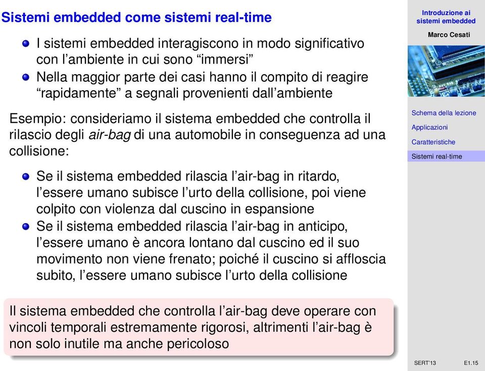 air-bag in ritardo, l essere umano subisce l urto della collisione, poi viene colpito con violenza dal cuscino in espansione Se il sistema embedded rilascia l air-bag in anticipo, l essere umano è