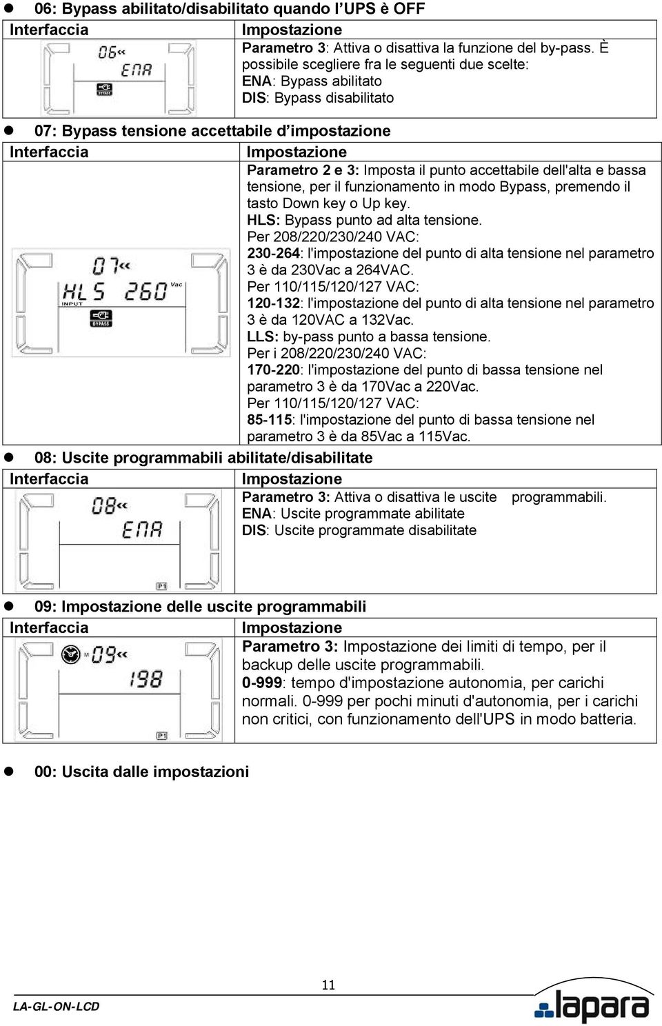 e bassa tensione, per il funzionamento in modo Bypass, premendo il tasto Down key o Up key. HLS: Bypass punto ad alta tensione.