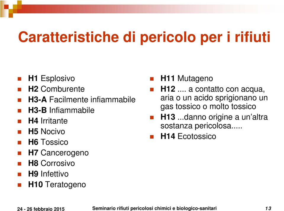 Mutageno H12... a contatto con acqua, aria o un acido sprigionano un gas tossico o molto tossico H13.