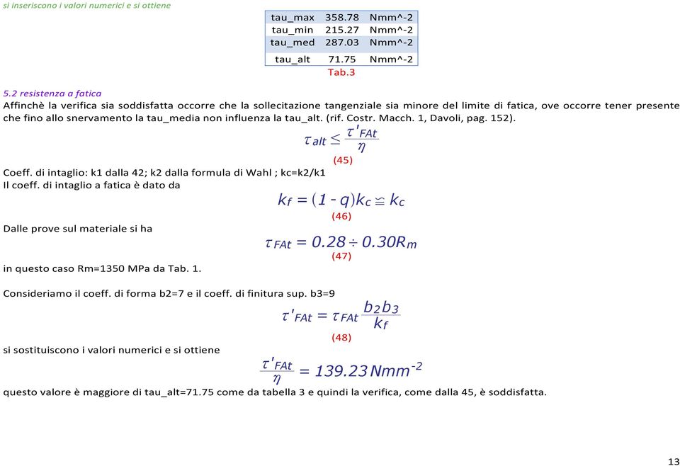 non influenza la tau_alt. (rif. Costr. Macch. 1, Davoli, pag. 15). Coeff. di intaglio: k1 dalla 4; k dalla formula di Wahl ; kck/k1 Il coeff.