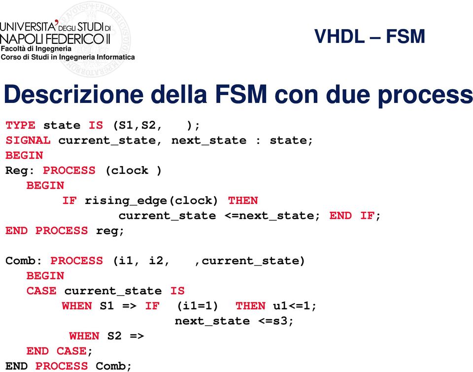 current_state <=next_state; END PROCESS reg; Comb: PROCESS (i1, i2,,current_state) BEGIN