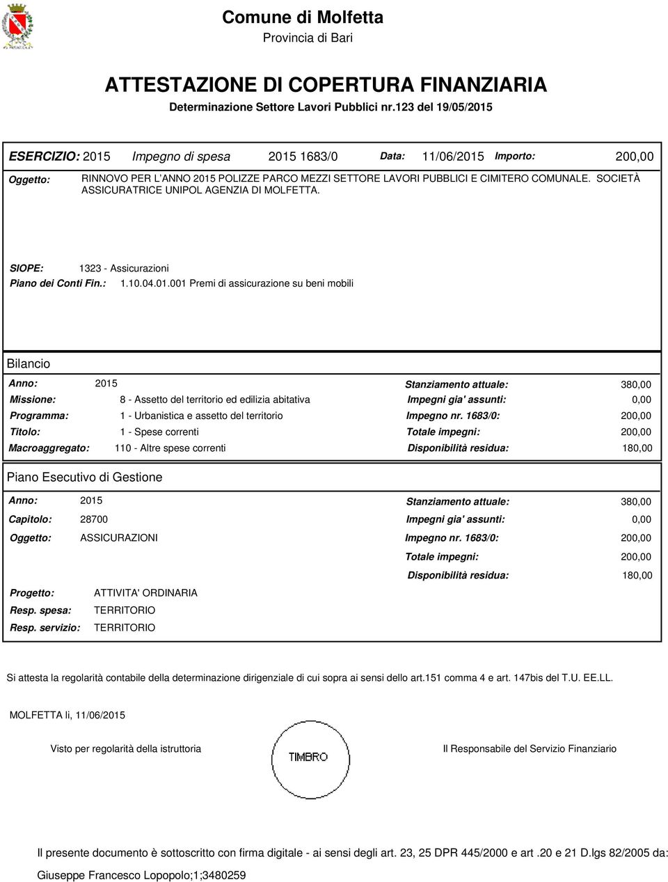 SOCIETÀ ASSICURATRICE UNIPOL AGENZIA DI MOLFETTA. SIOPE: 1323 - Assicurazioni Piano dei Conti Fin.: 1.10.04.01.