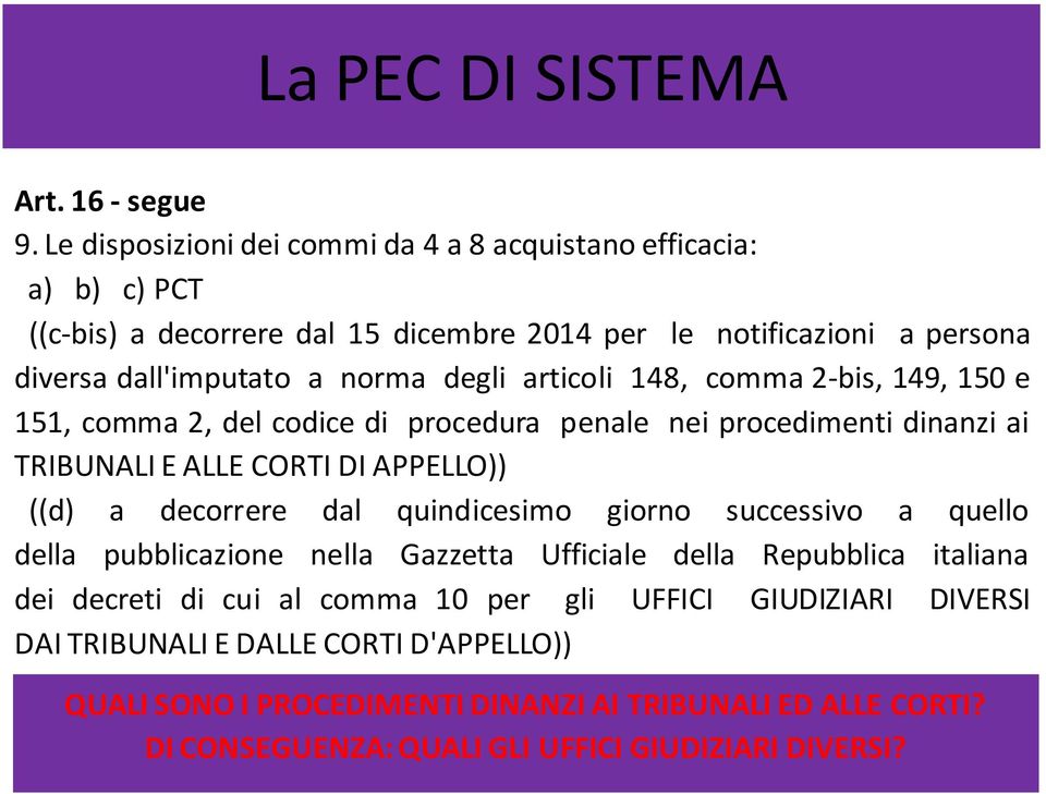 articoli 148, comma 2-bis, 149, 150 e 151, comma 2, del codice di procedura penale nei procedimenti dinanzi ai TRIBUNALI E ALLE CORTI DI APPELLO)) ((d) a decorrere dal