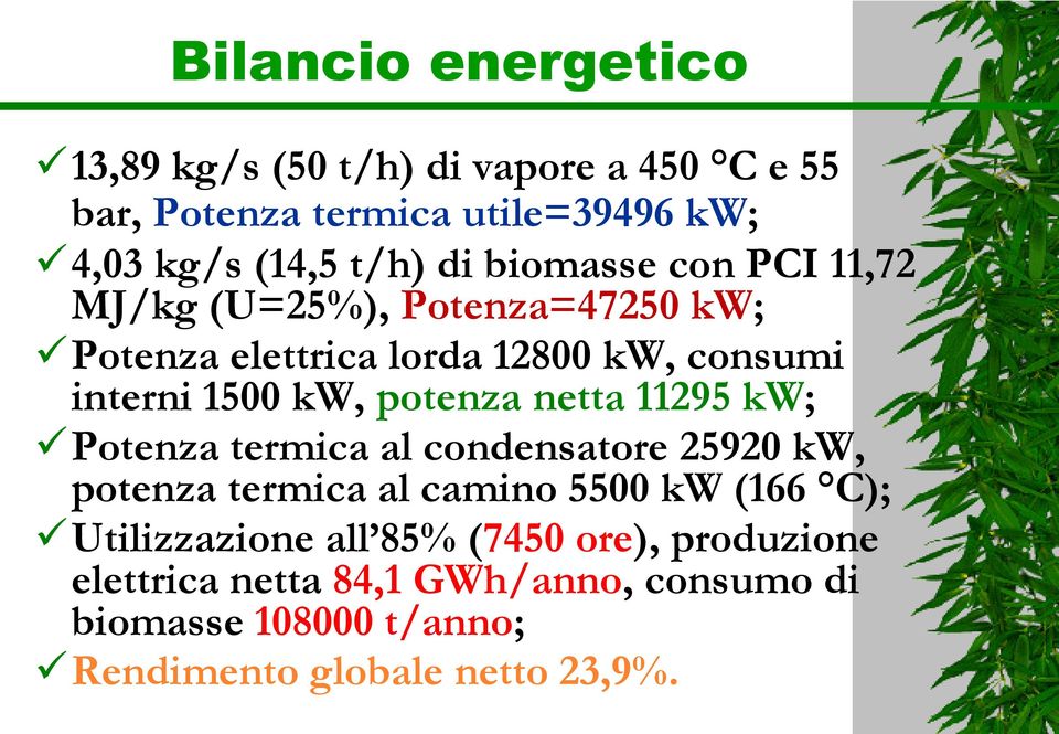 potenza netta 11295 kw; Potenza termica al condensatore 25920 kw, potenza termica al camino 5500 kw (166 C); Utilizzazione