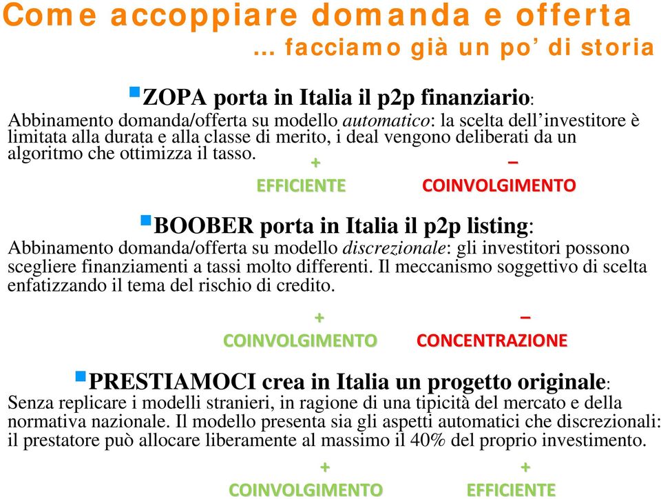 + EFFICIENTE COINVOLGIMENTO BOOBER porta in Italia il p2p listing: Abbinamento domanda/offerta su modello discrezionale: gli investitori possono scegliere finanziamenti a tassi molto differenti.