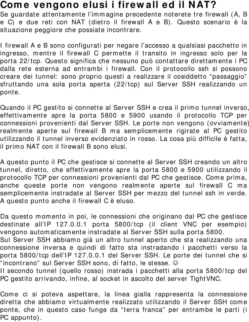 I firewall A e B sono configurati per negare l accesso a qualsiasi pacchetto in ingresso, mentre il firewall C permette il transito in ingresso solo per la porta 22/tcp.