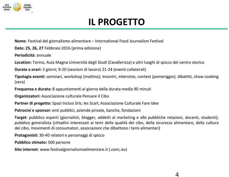 (mattino); Incontri, interviste, contest (pomeriggio); dibattiti, show cooking (sera) Frequenza e durata: 8 appuntamenti al giorno della durata media 90 minuti Organizzatori: Associazione culturale