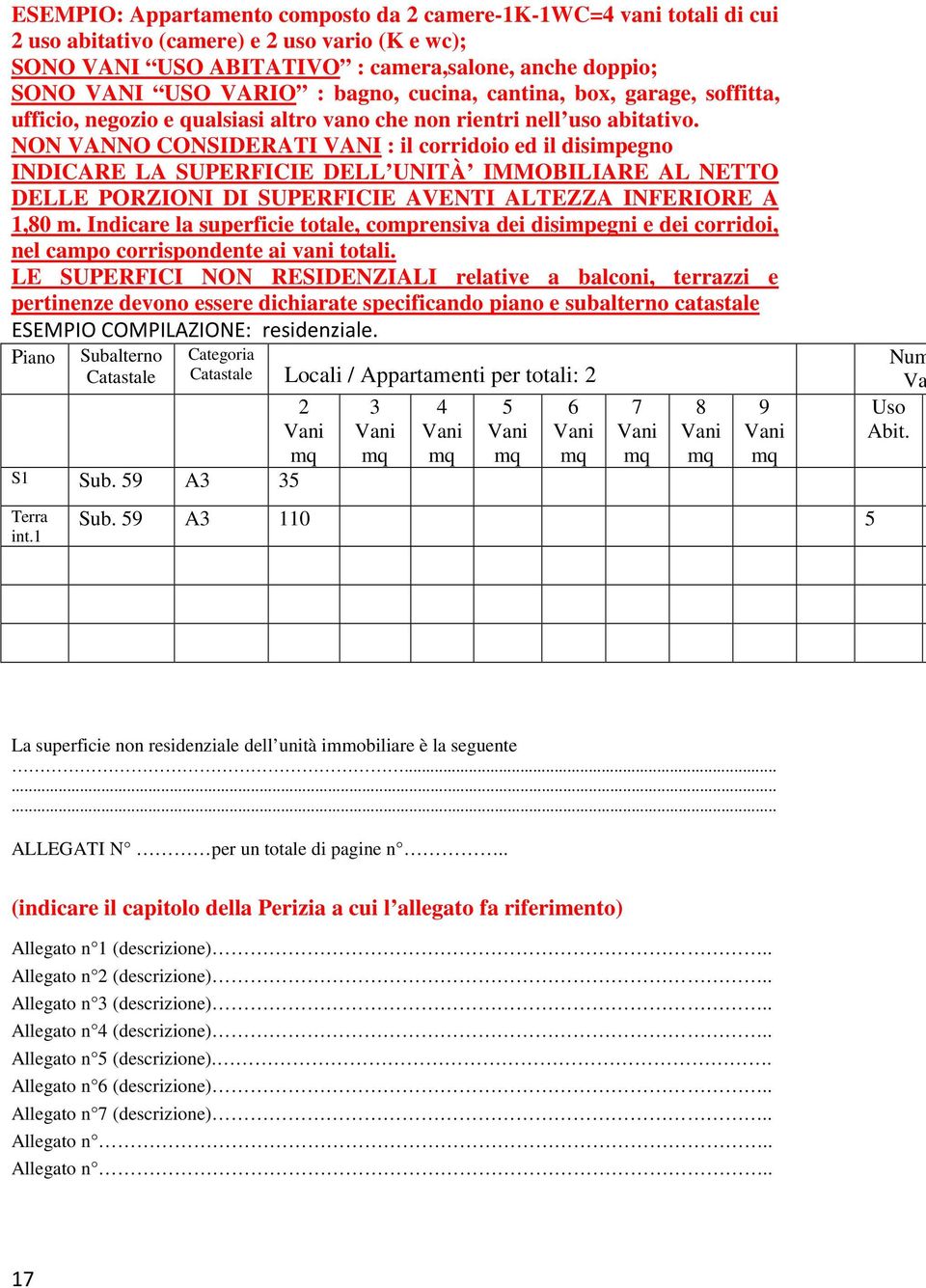 NON VANNO CONSIDERATI VANI : il corridoio ed il disimpegno INDICARE LA SUPERFICIE DELL UNITÀ IMMOBILIARE AL NETTO DELLE PORZIONI DI SUPERFICIE AVENTI ALTEZZA INFERIORE A 1,80 m.