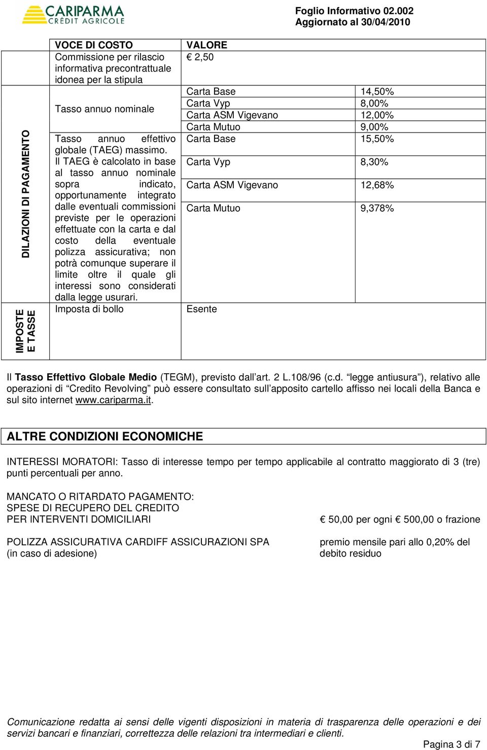 polizza assicurativa; non potrà comunque superare il limite oltre il quale gli interessi sono considerati dalla legge usurari. Imposta di bollo VALORE 2,50 Foglio Informativo 02.