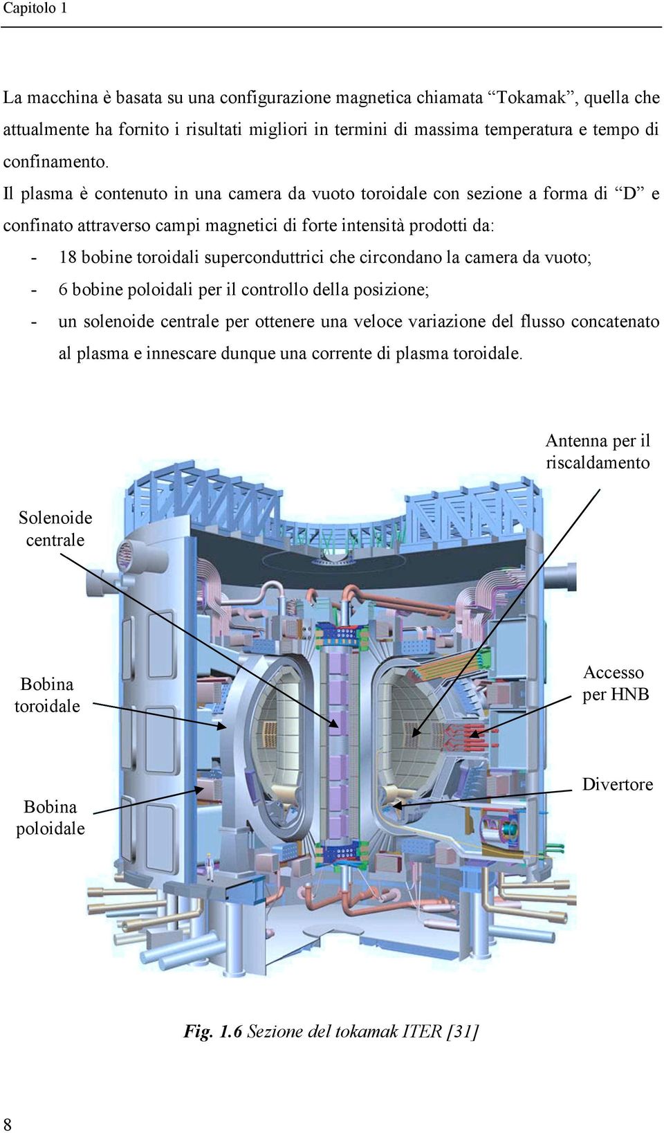 Il plasma è contenuto in una camera da vuoto toroidale con sezione a forma di D e confinato attraverso campi magnetici di forte intensità prodotti da: - 18 bobine toroidali superconduttrici