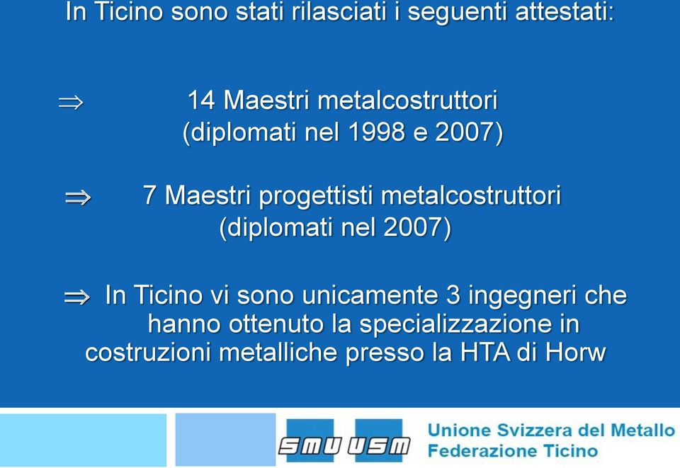 metalcostruttori (diplomati nel 2007) In Ticino vi sono unicamente 3