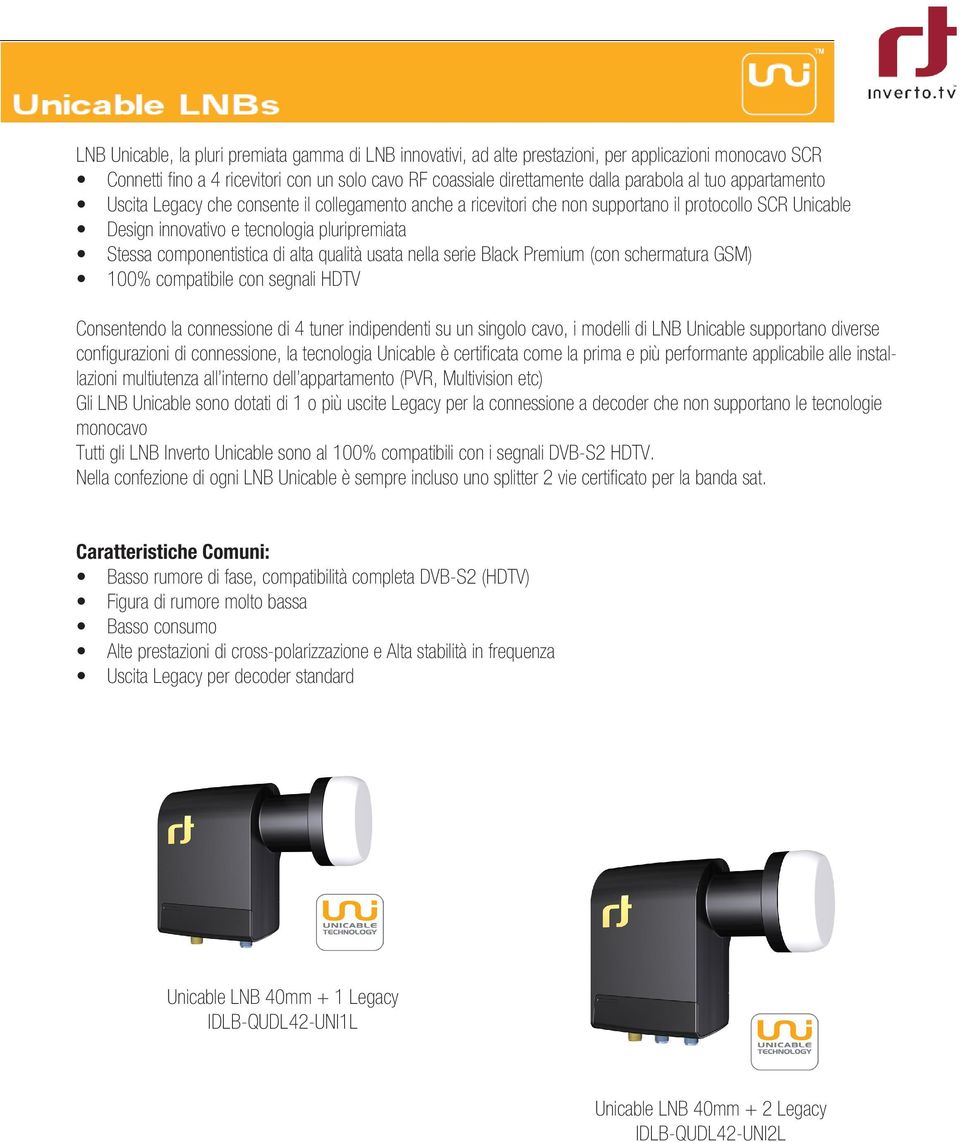 alta qualità usata nella serie Black Premium (con schermatura GSM) 100% compatibile con segnali HDTV Consentendo la connessione di 4 tuner indipendenti su un singolo cavo, i modelli di LNB Unicable