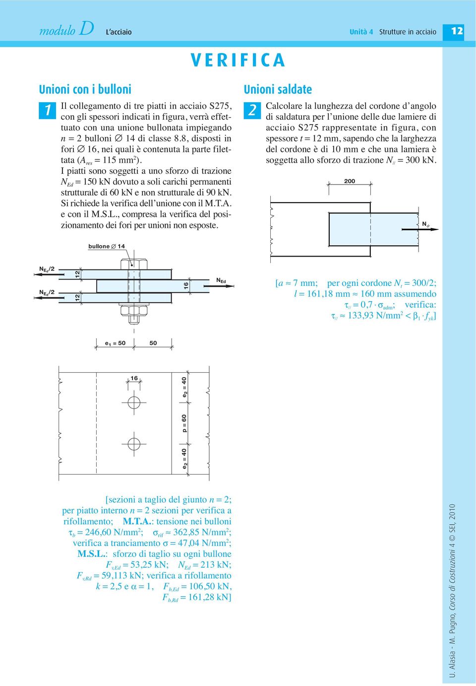 I piatti sono soggetti a uno sforzo di trazione N Ed = 150 kn dovuto a soli carichi permanenti strutturale di 60 kn e non strutturale di 90 kn. Si richiede la verifica dell unione con il M.T.A.