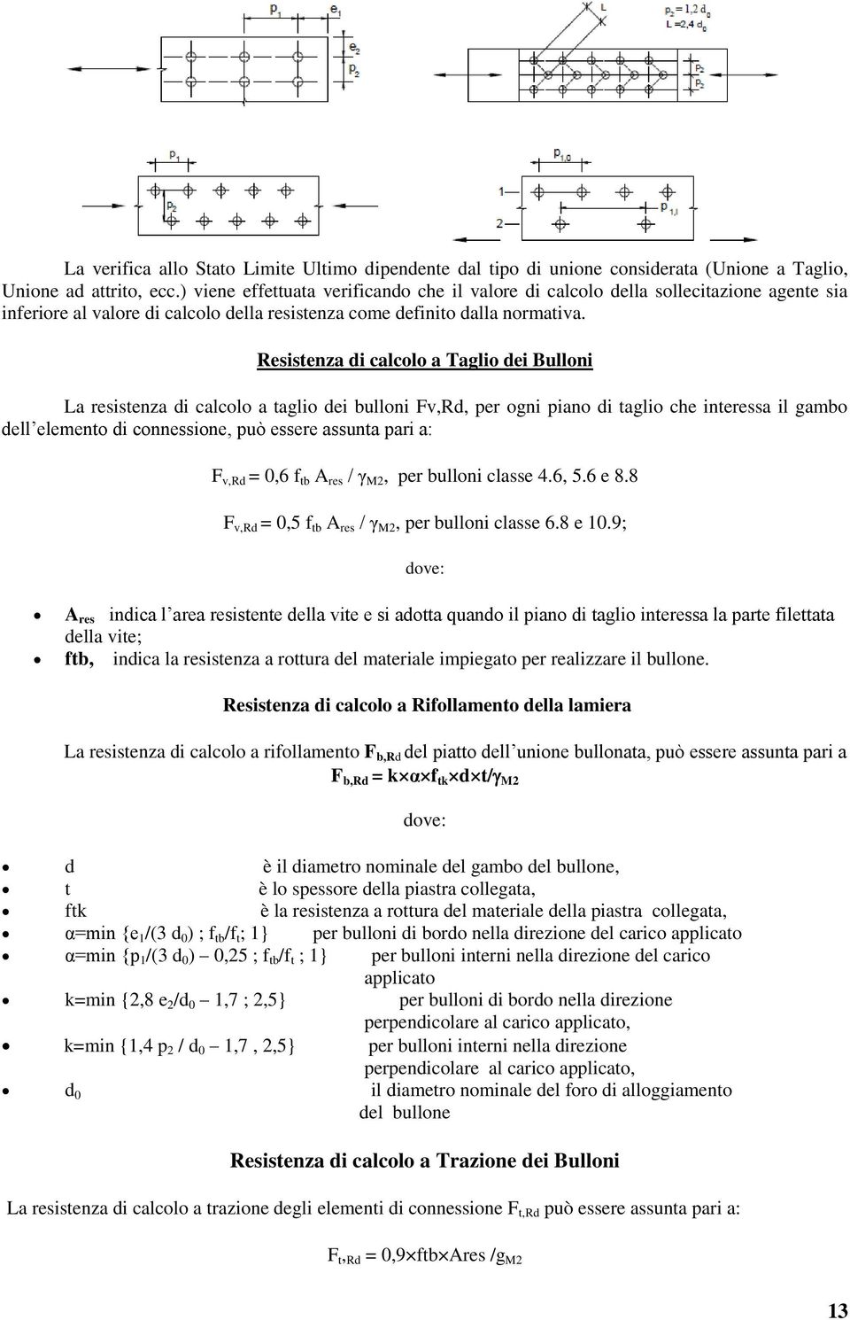 Resistenza di calcolo a Taglio dei Bulloni La resistenza di calcolo a taglio dei bulloni Fv,Rd, per ogni piano di taglio che interessa il gambo dell elemento di connessione, può essere assunta pari