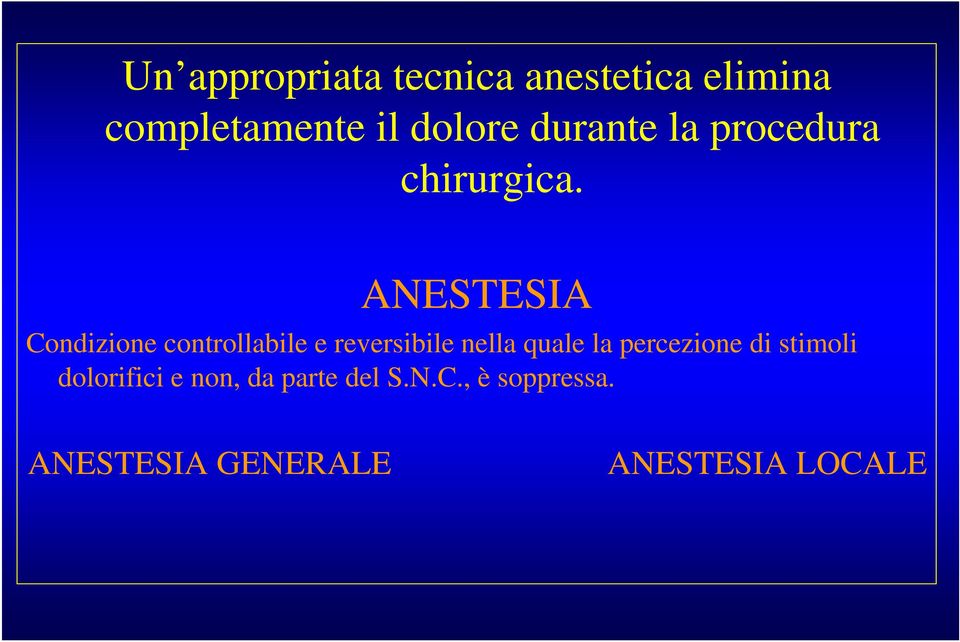 ANESTESIA Condizione controllabile e reversibile nella quale la