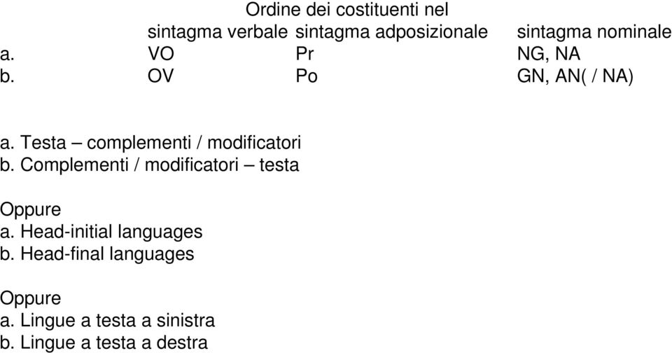 Testa complementi / modificatori b. Complementi / modificatori testa Oppure a.