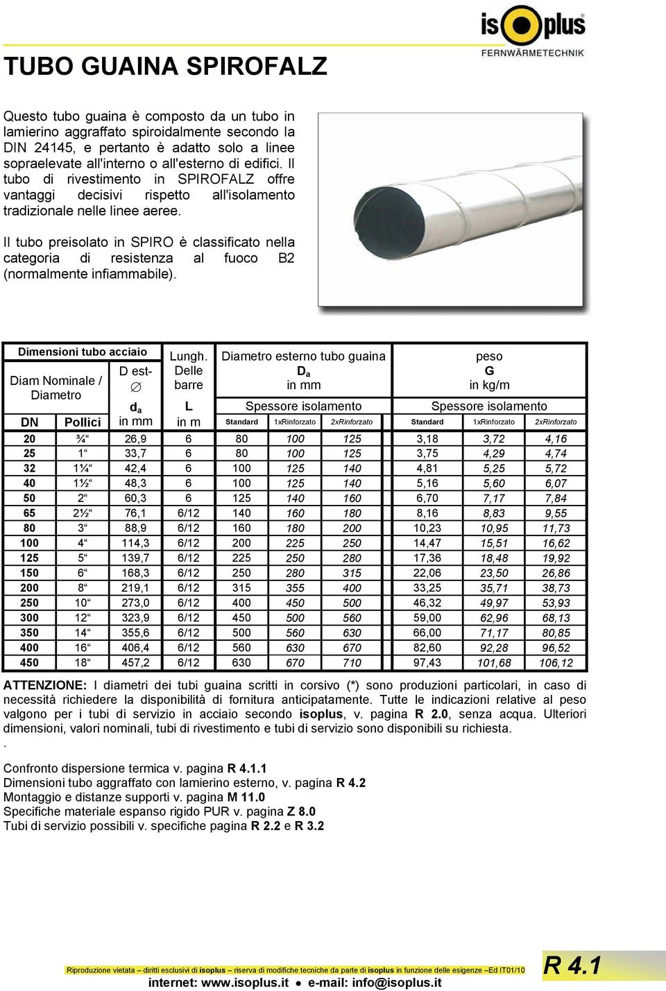 Il tubo preisolato in SPIRO è classificato nella categoria di resistenza al fuoco B2 (normalmente infiammabile). Dimensioni tubo acciaio Diam Nominale / Diametro D est- Lungh.