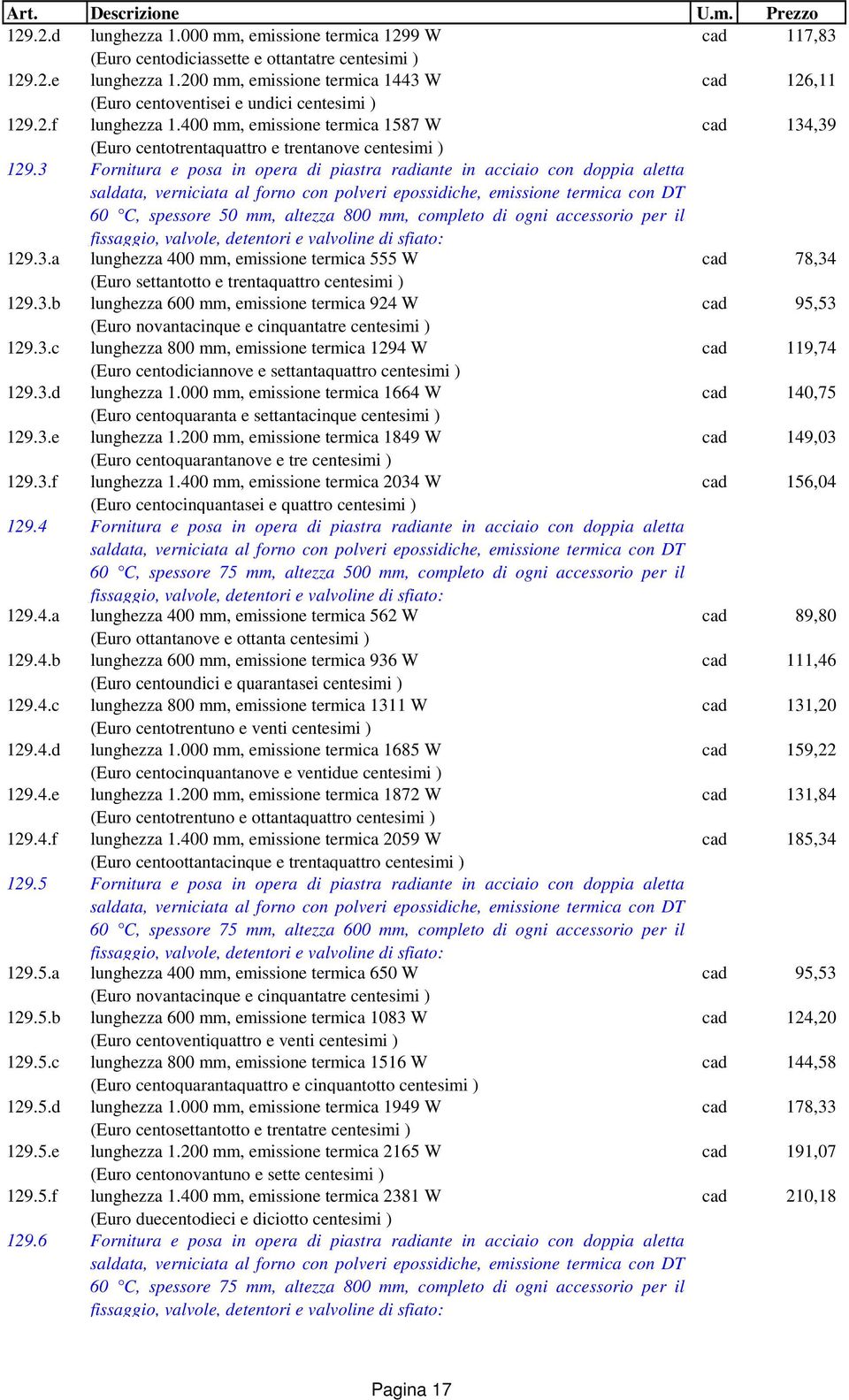 400 mm, emissione termica 1587 W cad 134,39 (Euro centotrentaquattro e trentanove centesimi ) 129.