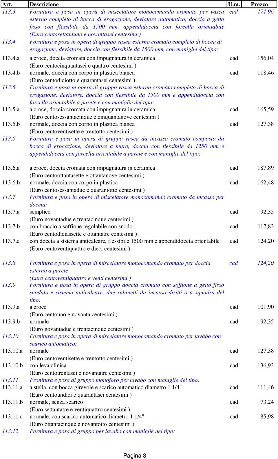 4 Fornitura e posa in opera di gruppo vasca esterno cromato completo di bocca di erogazione, deviatore, doccia con flessibile da 1500 mm, con maniglie del tipo: 113.4.a a croce, doccia cromata con impugnatura in ceramica (Euro centocinquantasei e quattro centesimi ) 113.