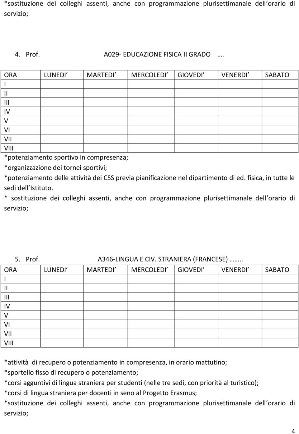 dipartimento di ed. fisica, in tutte le sedi dell stituto. * sostituzione dei colleghi assenti, anche con programmazione plurisettimanale dell orario di servizio; 5. Prof. A346-LNGUA E C.