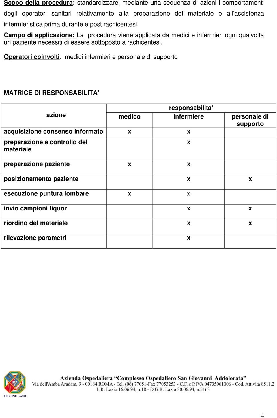 Operatori coinvolti: medici infermieri e personale di supporto MATRICE DI RESPONSABILITA responsabilita azione medico infermiere personale di supporto acquisizione consenso informato x x