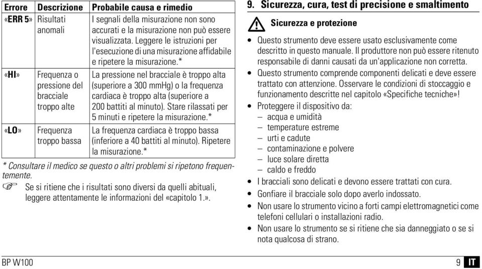 * «HI» «LO» Frequenza o pressione del bracciale troppo alte Frequenza troppo bassa La pressione nel bracciale è troppo alta (superiore a 300 mmhg) o la frequenza cardiaca è troppo alta (superiore a