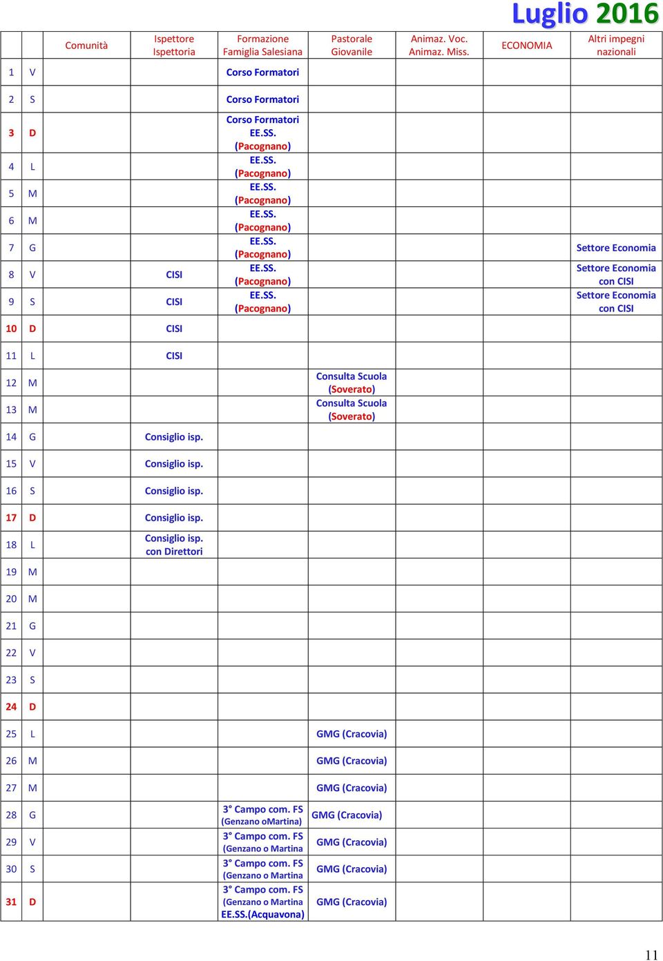 M 21 G 22 V 23 S 24 D 25 L GMG (Cracovia) 26 M GMG (Cracovia) 27 M GMG (Cracovia) 28 G 29 V 30 S 31 D 3 Campo com. FS (Genzano omartina) 3 Campo com.