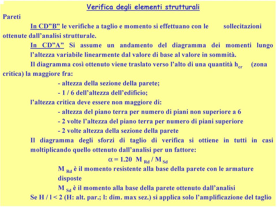 Il diagramma così ottenuto viene traslato verso l alto di una quantità h cr (zona critica) la maggiore fra: - altezza della sezione della parete; - 1 / 6 dell altezza dell edificio; l altezza critica