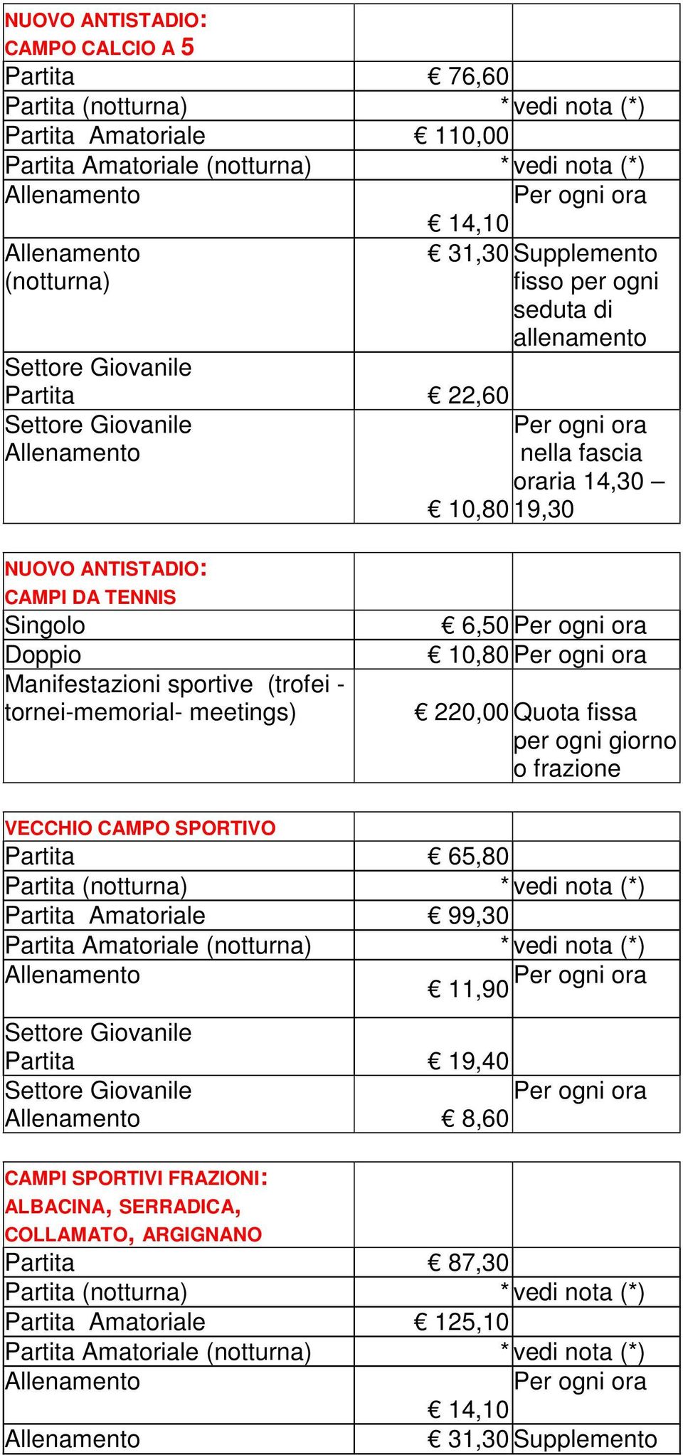 trnei-memrial- meetings) 6,50 10,80 220,00 frazine VECCHIO CAMPO SPORTIVO Partita 65,80 Partita Amatriale 99,30 11,90