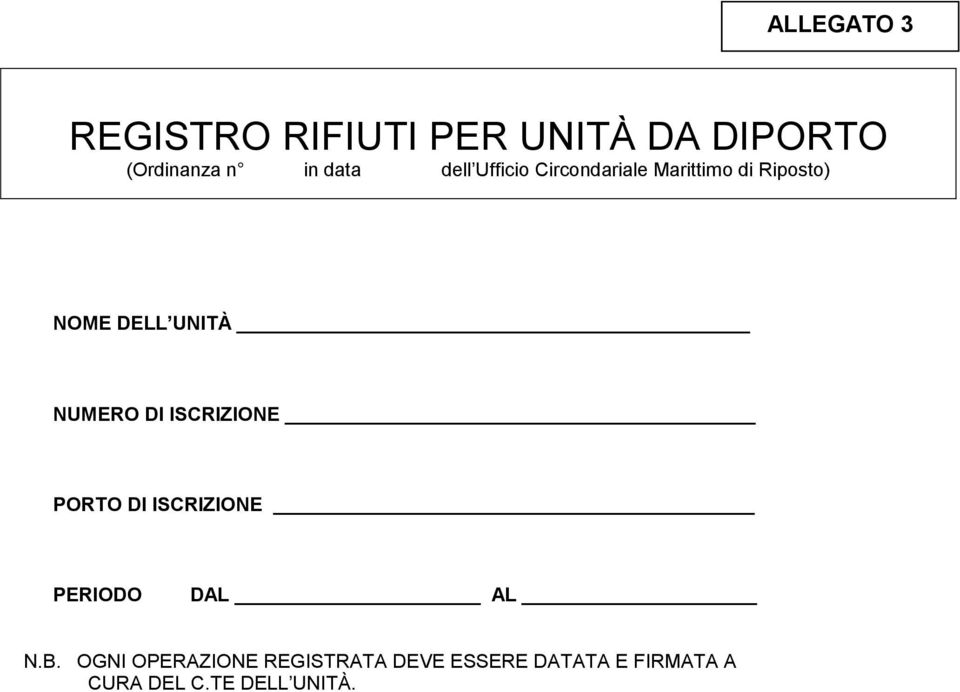 NUMERO DI ISCRIZIONE PORTO DI ISCRIZIONE PERIODO DAL AL N.B.