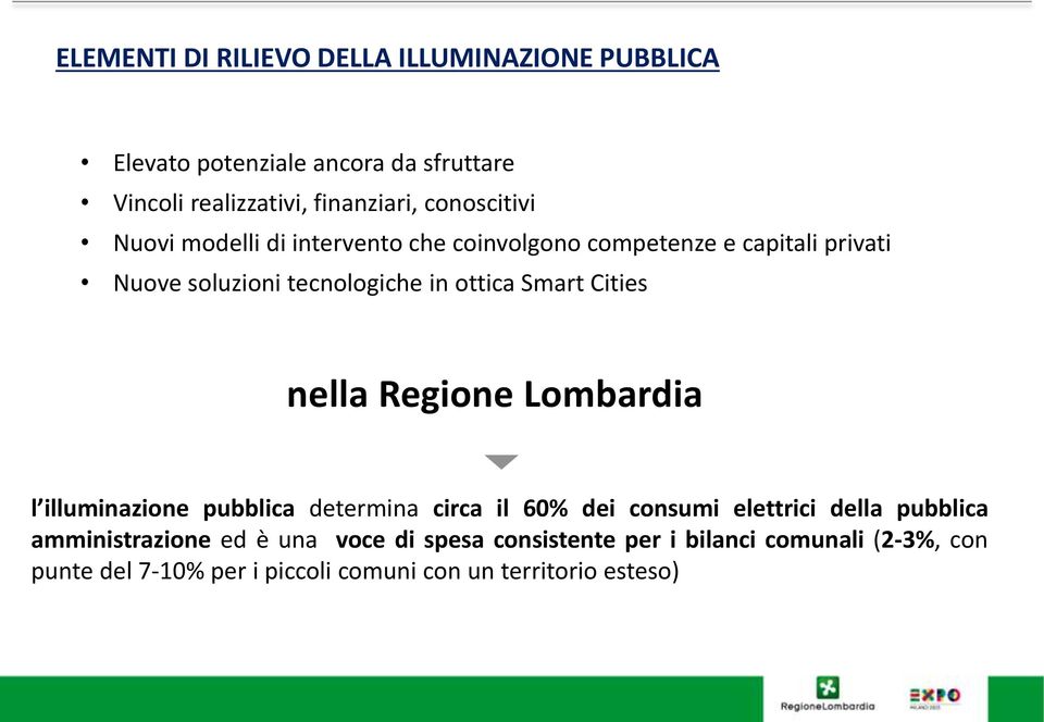 Smart Cities nella Regione Lombardia l illuminazione pubblica determina circa il 60% dei consumi elettrici della pubblica