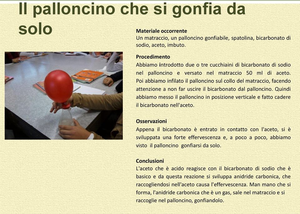 Poi abbiamo infilato il palloncino sul collo del matraccio, facendo attenzione a non far uscire il bicarbonato dal palloncino.