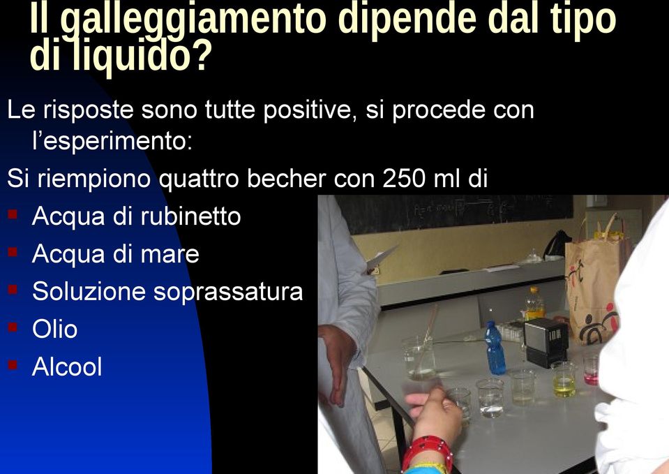 esperimento: Si riempiono quattro becher con 250 ml di