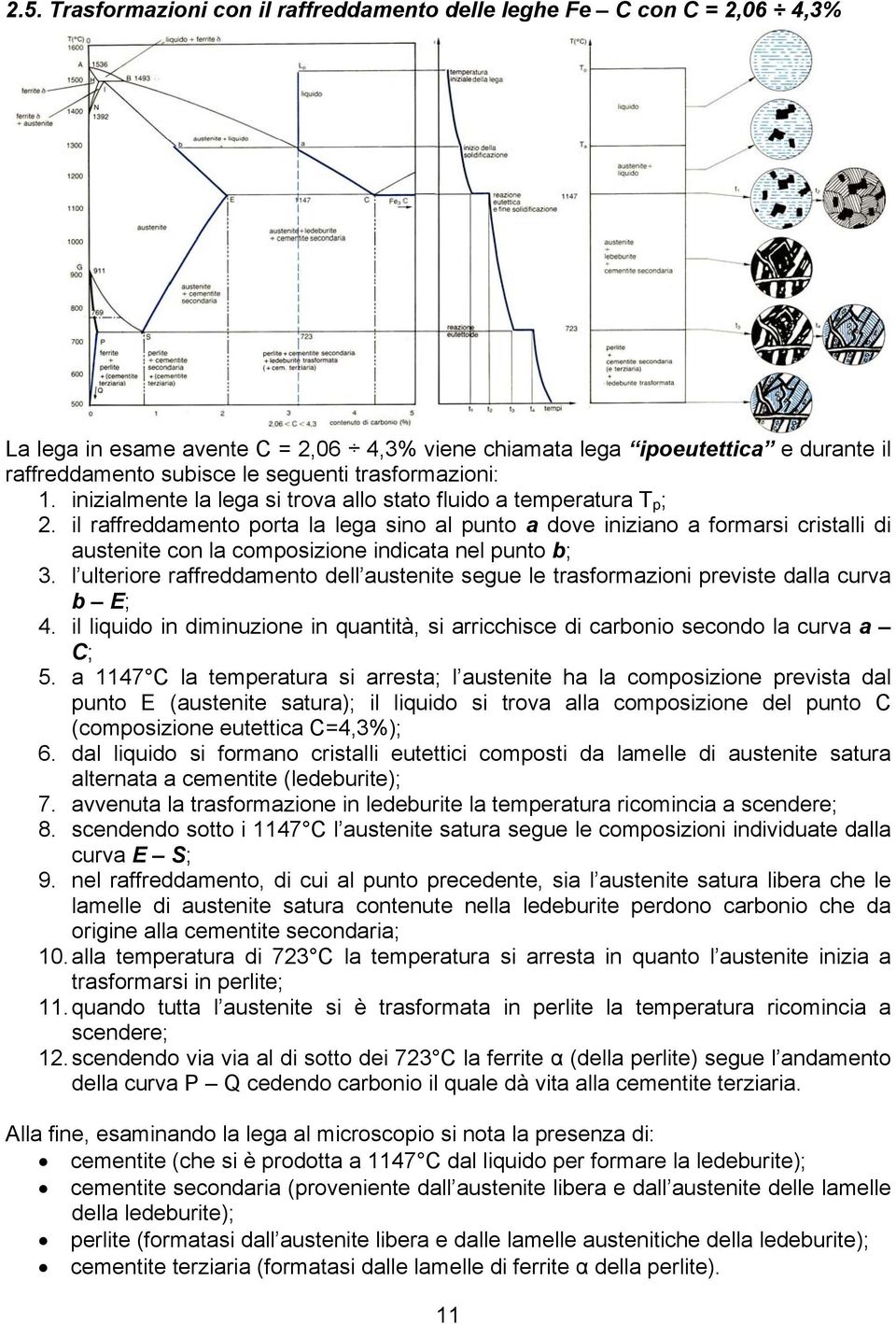 il raffreddamento porta la lega sino al punto a dove iniziano a formarsi cristalli di austenite con la composizione indicata nel punto b; 3.