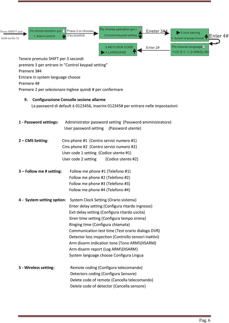 amministratore) User password setting (Password utente) 2 CMS Setting: Cms phone #1 (Centro servizi numero #1) Cms phone #2 (Centro servizi numero #2) User code 1 setting (Codice utente #1) User code