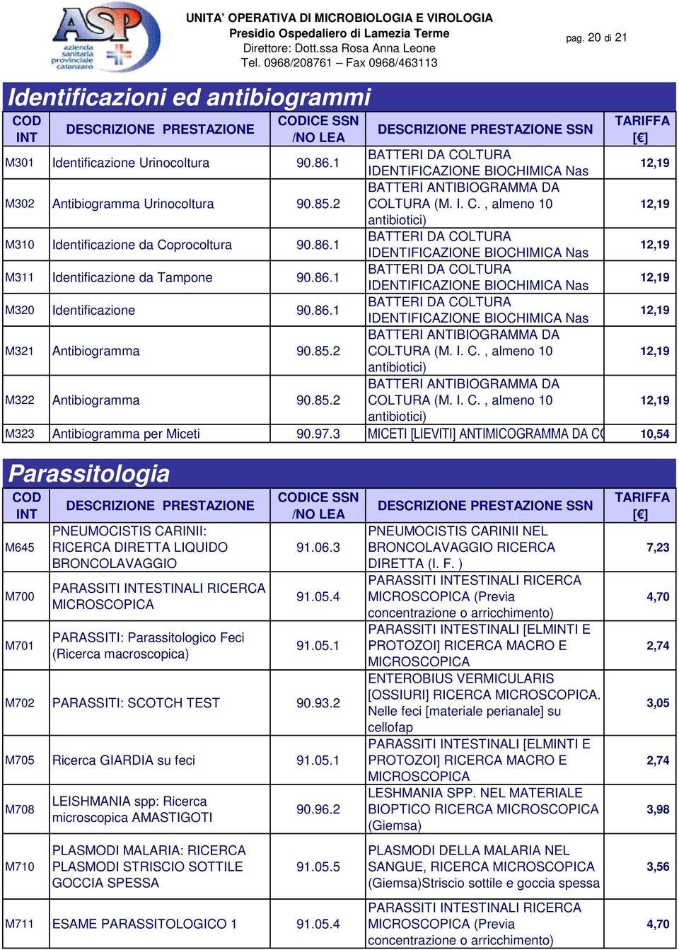 86.1 BATTERI DA COLTURA IDENTIFICAZIONE BIOCHIMICA Nas M320 Identificazione 90.86.1 BATTERI DA COLTURA IDENTIFICAZIONE BIOCHIMICA Nas M321 Antibiogramma 90.85.2 BATTERI ANTIBIOGRAMMA DA COLTURA (M. I. C., almeno 10 antibiotici) M322 Antibiogramma 90.