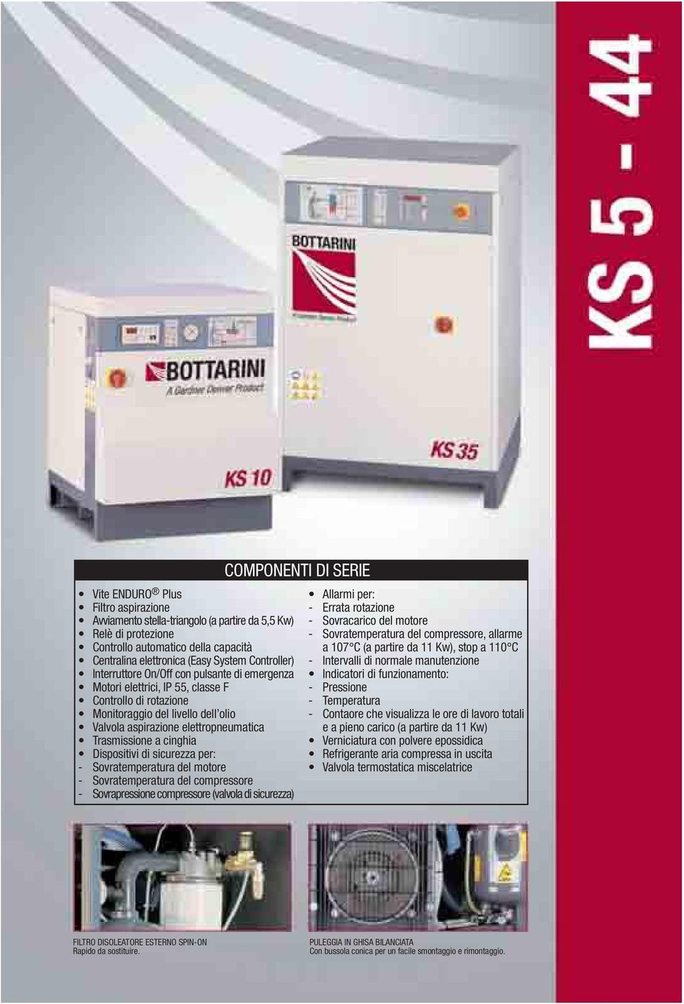 Dispositivi di sicurezza per: - Sovratemperatura del motore - Sovratemperatura del compressore - Sovrapressione compressore (valvola di sicurezza) COMPONENTI DI SERIE Allarmi per: - Errata rotazione