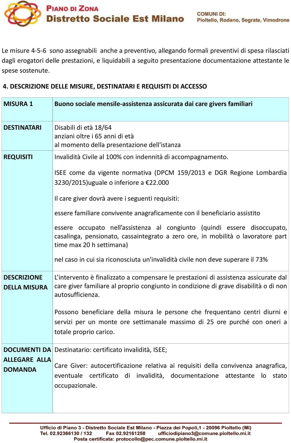 DELLE MISURE, DESTINATARI E REQUISITI DI ACCESSO MISURA 1 Buono sociale mensile-assistenza assicurata dai care givers familiari DESTINATARI Disabili di età 18/64 anziani oltre i 65 anni di età al